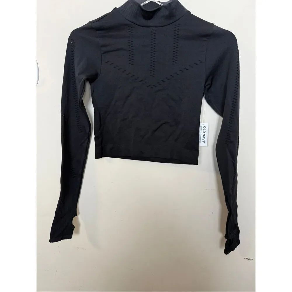 Old Navy Seamless Performance Crop Top Black Small NWT Long Sleeves Activewear